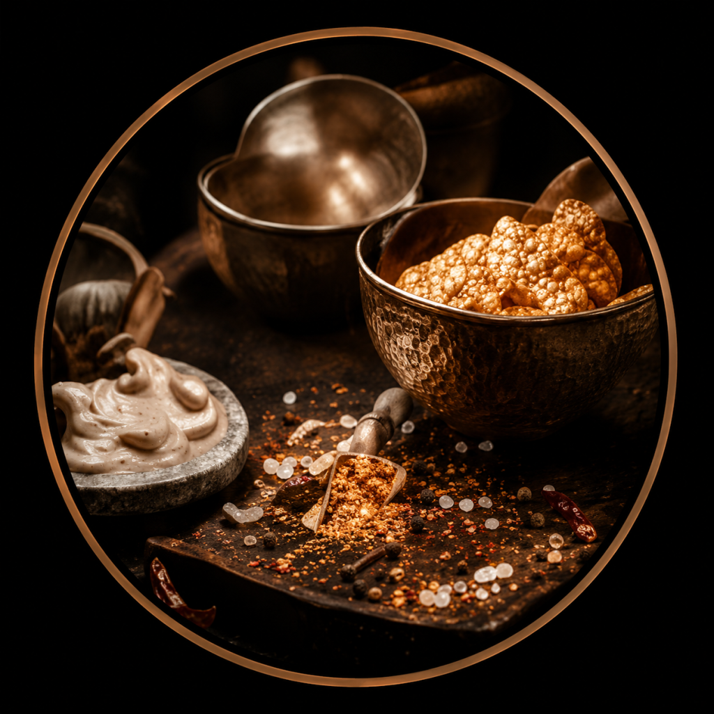 Ingredient blending - spices and cream mixture with mushroom chips